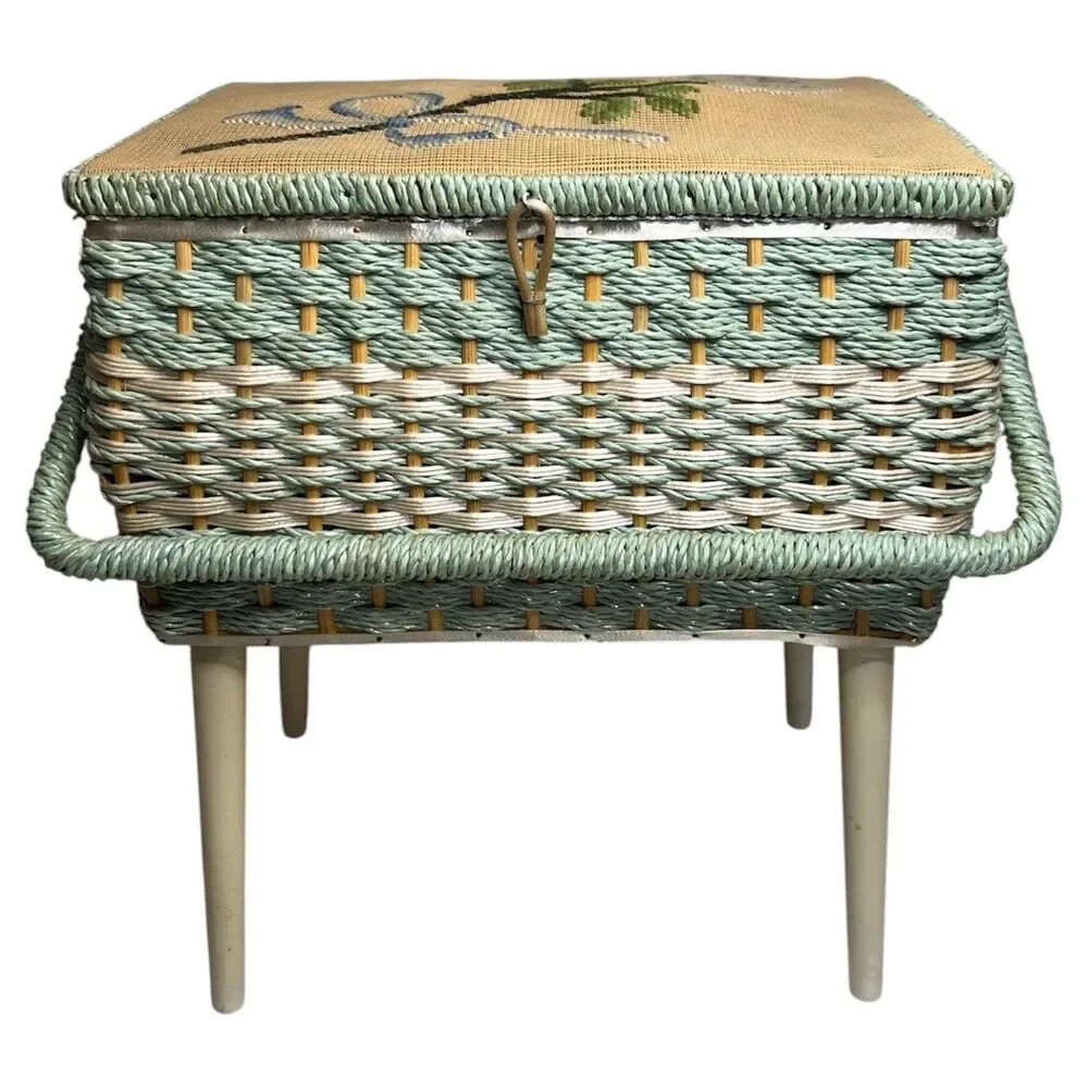 Vtg Dritz Sewing Basket Box Wicker Satin Wooden Removable Legs Floral PetitPoint